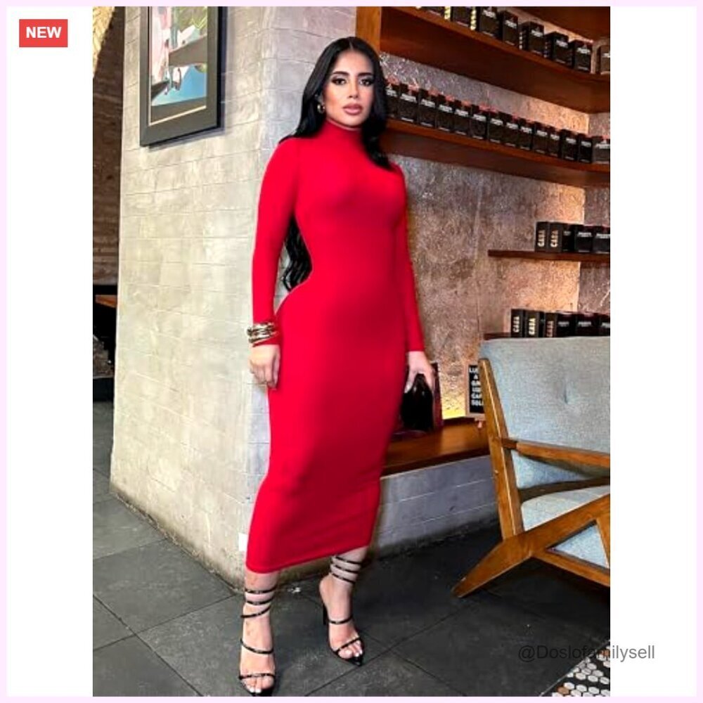 Long Sleeve Turtleneck Bodycon Midi Dress Elegant Chic Party Wear - Picture 4 of 7